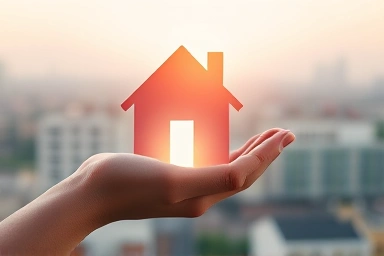 Hand holding glowing house icon, symbolizing homeownership.